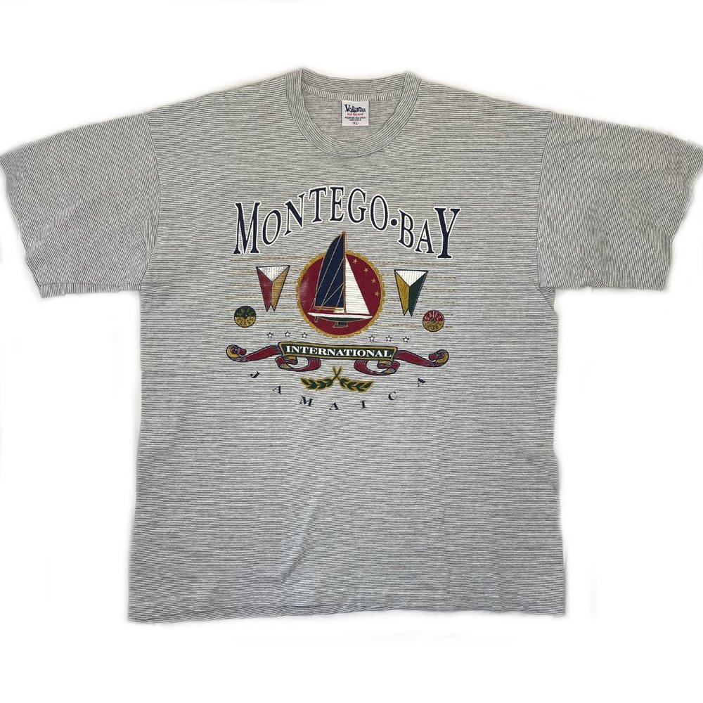 Vintage Single Stitch Montego Bay T Shirt Size XL Made in USA Gray Stripe